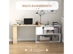 Bureau d'angle bureau informatique modulable bibliothèque intégrée + étagère 3 blanc niveaux et bois naturel