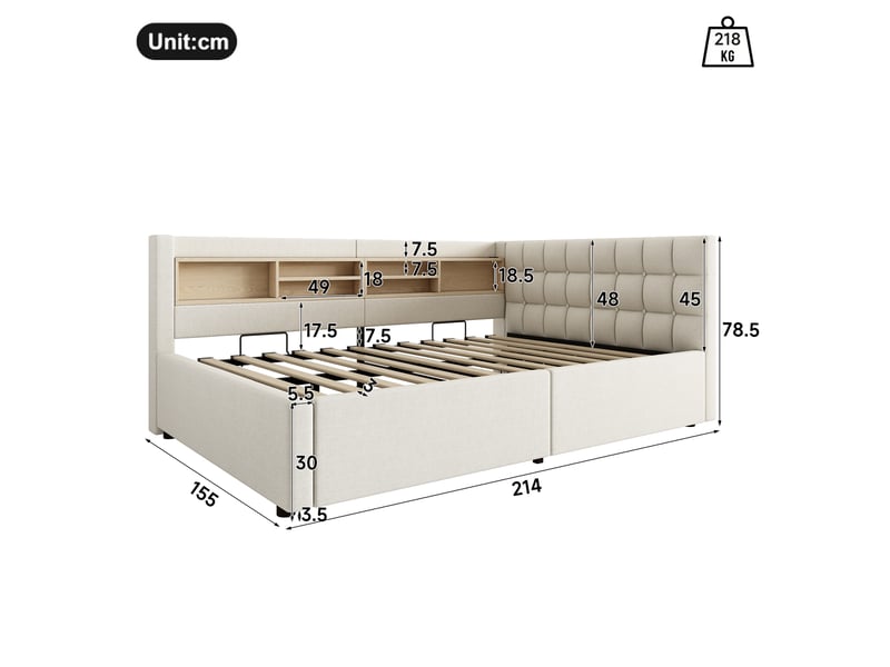  Lit superposé 140x200 cm, lit enfant, couchage d'appoint, rangement hydraulique, étagères, led, port usb, lin beige  - Conforama W