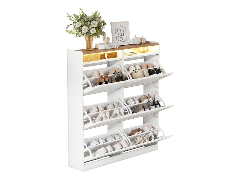  Meuble à chaussures 120x24x130 cm avec 6 abattants, led, 2 niches ouvertes, blanc et naturel  - Conforama B