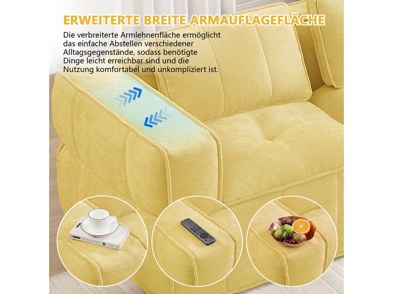  Canapé d'angle modulable sans cadre 3 places 271x162x67 cm avec pouf, mousse haute densité 32d, assise profonde, polyester jaune Radiant Stride - Conforama E
