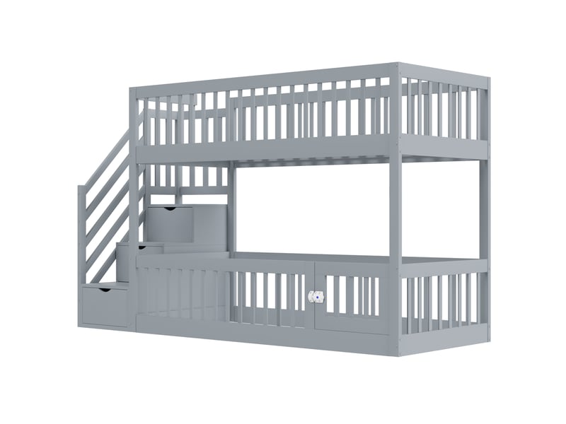  Elvmi lit superposé enfant 90x200 cm en bois massif gris avec échelle de rangement, tiroirs intégrés, porte ouvrante et sécurité renforcée  - Conforama A