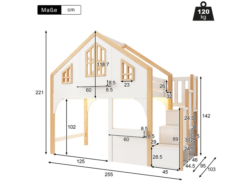  Lit superposé enfant 90x200 cm avec escalier de rangement et led, blanc et bois naturel  - Conforama E