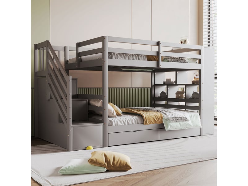  Lit superposé 90x200cm avec escalier sécurisé à rangements, tiroirs et grands compartiments, barrières hautes et sommier à lattes, pin, gris evarich - Conforama B