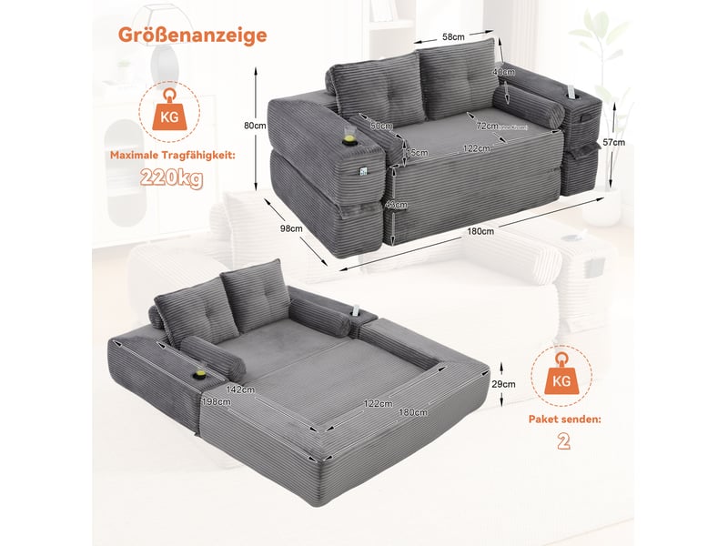 Canapé convertible 2 places modenvie en velours côtelé gris foncé, 180 x 98 x 80 cm, avec poches et porte-gobelet - Conforama C