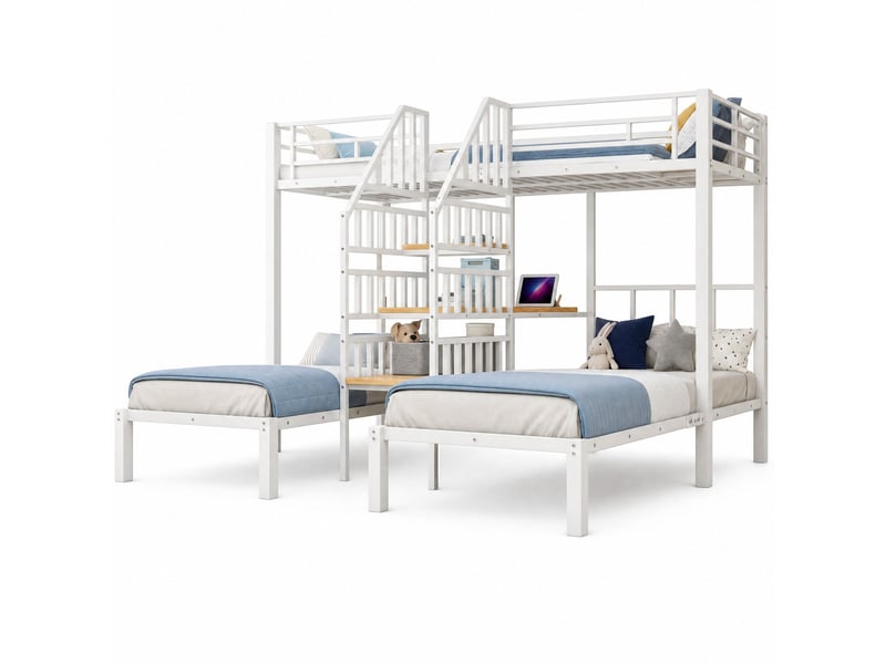  Lit superposé enfant 3 couchages 90 x 200 cm, bureau, led, usb et prise, blanc  - Conforama A
