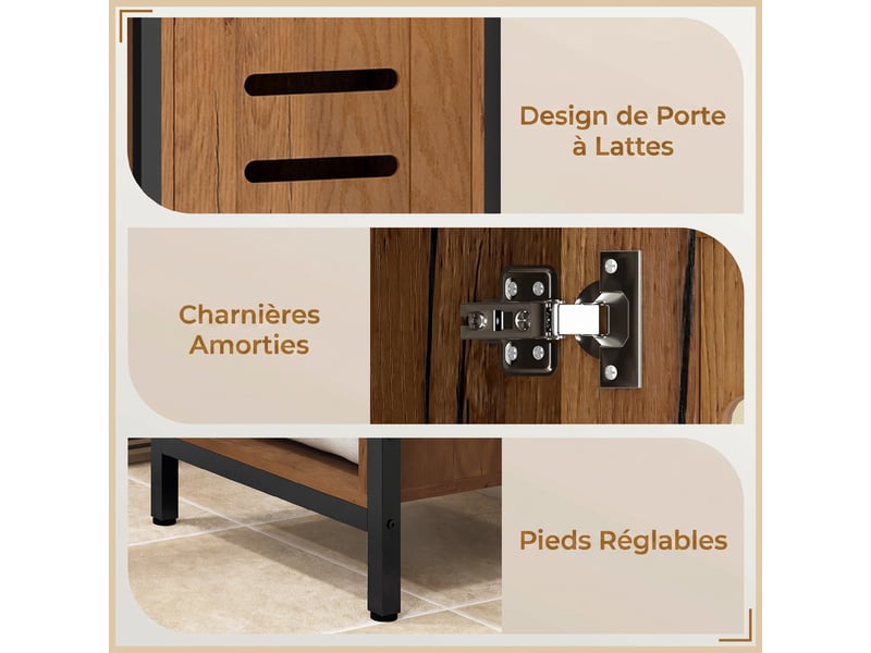  Meuble colonne de salle de bain industriel 3 étagères ouvertes porte à lamelles réglables étagères marron rustique  - Conforama R