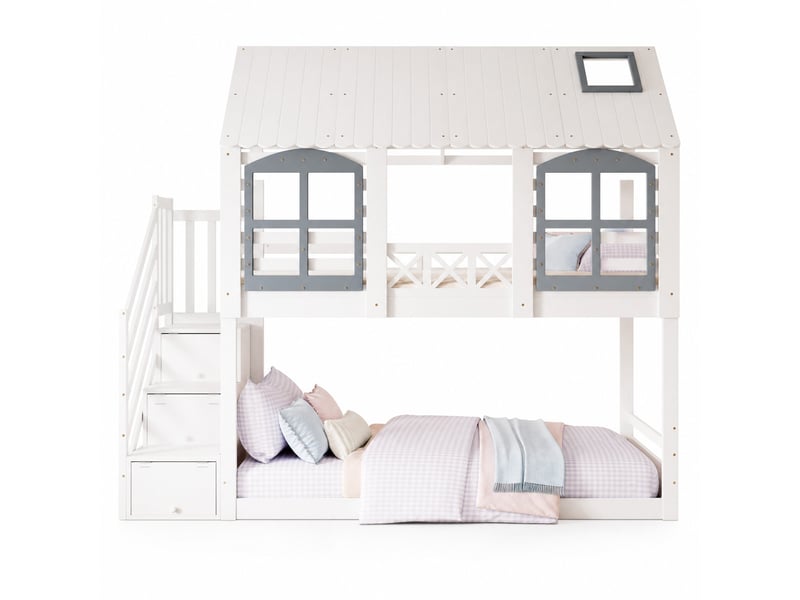  Lit superposé enfant avec toit et fenêtres blanc et gris 90 x 200 cm  - Conforama A