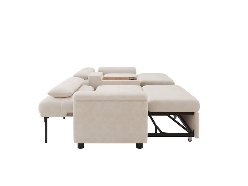 Canapé-lit u corda, beige, 284x138x89 cm, convertible, dossier réglable, table avec 2 porte-gobelets, 4 coussins, chenille  - Conforama D