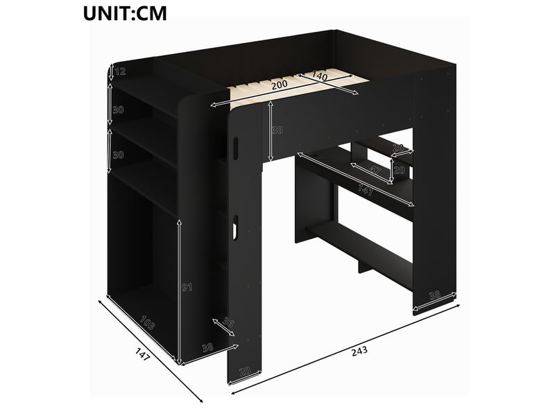  Lit mezzanine gaming 140x200 cm noir en bois, avec bureau, armoire ouverte, led, usb et rangements, sans matelas  - Conforama C