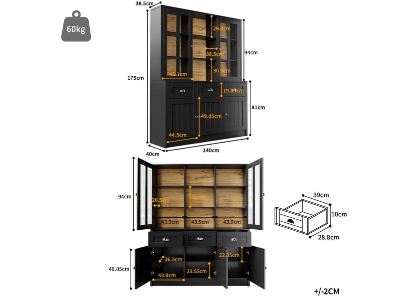 Buffet 140x40x180, vitrine buffet salle à manger, tiroirs, mdf noir, rangement modulable, anti-basculement sécurisé  - Conforama C