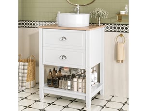 Meuble vasque salle de bains 60 cm blanc et bois clair avec vasque ronde en céramique