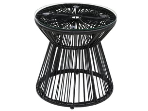 Table de jardin ronde noire, design tambour ajouré, plateau en verre, table bistrot, balcon et jardin