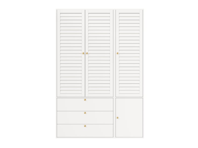  Armoire penderie 3 portes 135x50x200 cm en panneaux de particules avec portes à lamelles, 2 tringles, porte-pantalons et 3 tiroirs - blanc  - Conforama A
