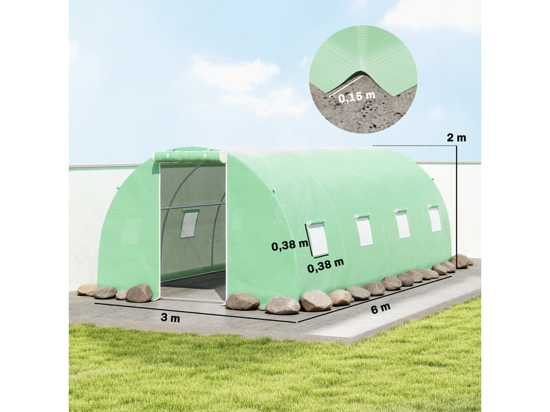  Serre tunnel 6 x 3 x 2 m avec porte enroulable, 8 fenêtres grillagées et structure en acier galvanisé vert  - Conforama E