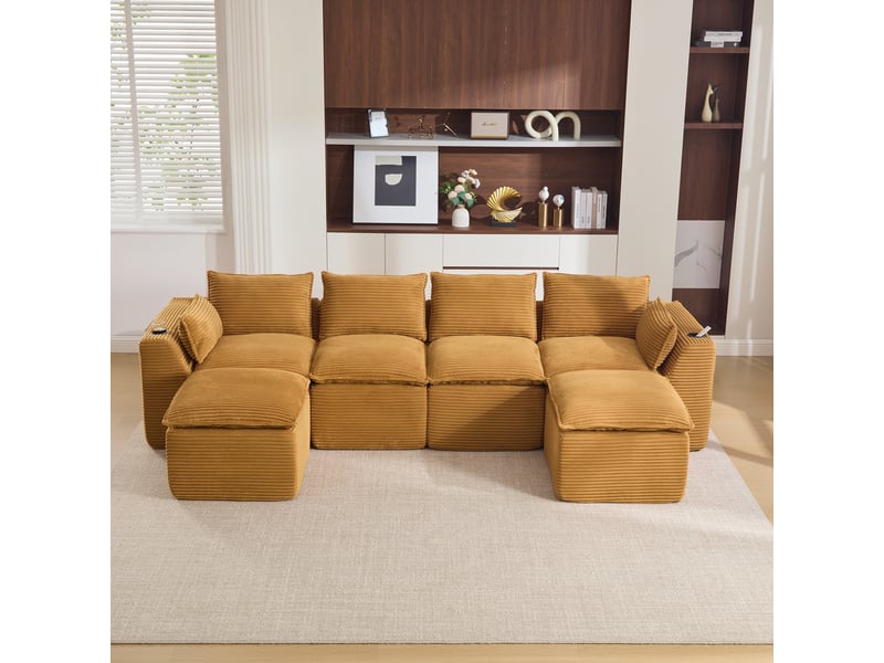Canapé modulable compression d'angle en u,322x161x75cm,velours côtelé,canapé 4 places avec 2 poufs,porte-gobelets,poches latérales,sans montage,orange - Conforama B