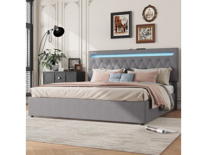  Lit coffre adulte 180x200cm, lit double avec led, usb, tête de lit réglable haut, sommier, tissu lin, gris sans matelas  - Conforama W