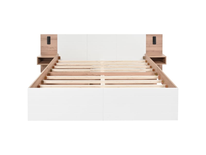 Lit adulte 180x200 cm, tiroirs sous sommier, tête de lit avec liseuse et usb, en bois, blanc et chêne clair, sans matelas - Conforama E