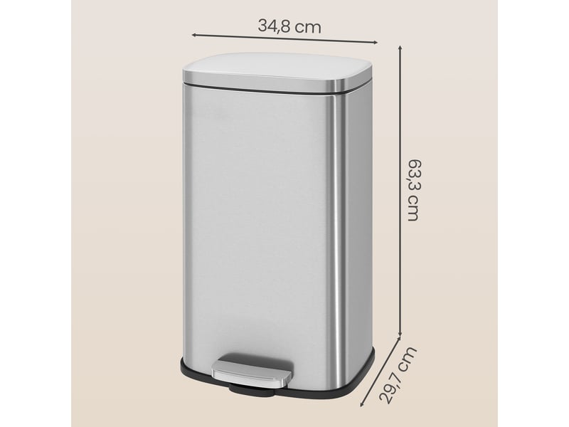  Poubelle de cuisine, 30 litres, poubelle, poubelle à pédale avec couvercle à fermeture douce et seau intérieur, acier, argent  - Conforama D