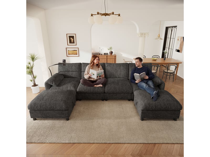 Canapé d'angle modulable gris 6 places tissu chenille, port usb-c, support téléphone et poufs de rangement - Conforama E