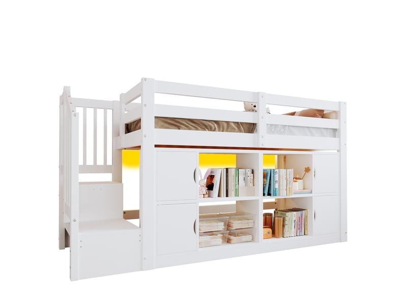  Lit mezzanine enfant 90x200 cm blanc avec rangements, bibliothèque, escalier et led, sommier inclus, sans matelas  - Conforama A