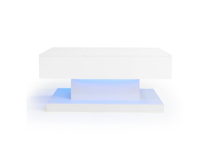  Table basse relevable laquée brillante, 100 x 50 x 45 cm avec éclairage led – plateau semi-relevable et coulissant latéralement, levage hydraulique et espace de rangement  - Conforama D