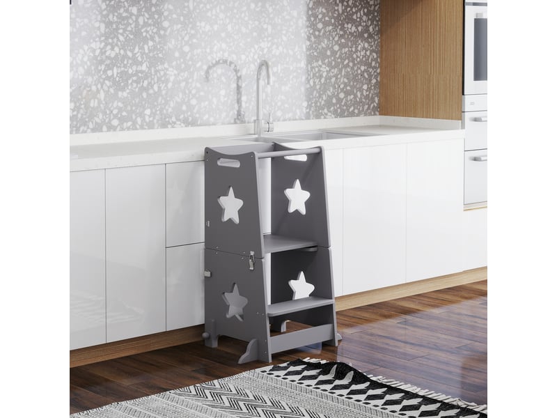  Échelle montessori convertible en table et chaise avec barre de sécurité, en bois, 60 x 44,5 x 86 cm, gris  - Conforama C