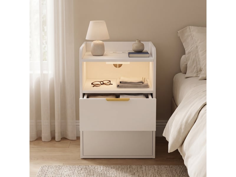  Table de chevet 40x40x60 cm avec station de charge et led, 3 tiroirs de rangement, meuble de chambre en bois, style moderne, blanc  - Conforama B