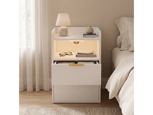 Table de chevet 40x40x60 cm avec station de charge et led, 3 tiroirs de rangement, meuble de chambre en bois, style moderne, blanc