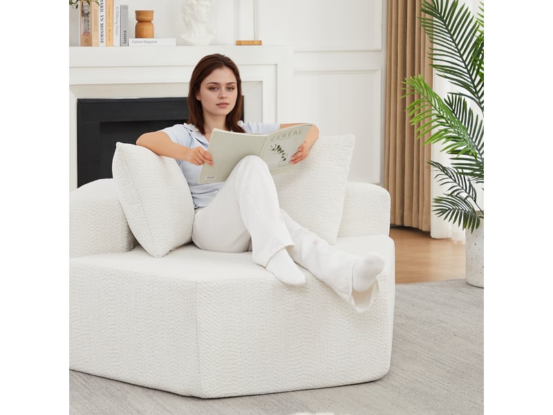 Canapé 1 place modulable hexagonal en chenille bouclée, avec 3 coussins, module lounge pour salon et chambre - beige - Conforama E