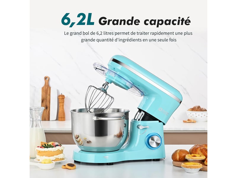  Robot pâtissier 1400w, bol 6,2l en acier inoxydable, 6 vitesses, fouet, crochet et batteur inclus, pour pâtisserie et boulangerie (bleu)  - Conforama B