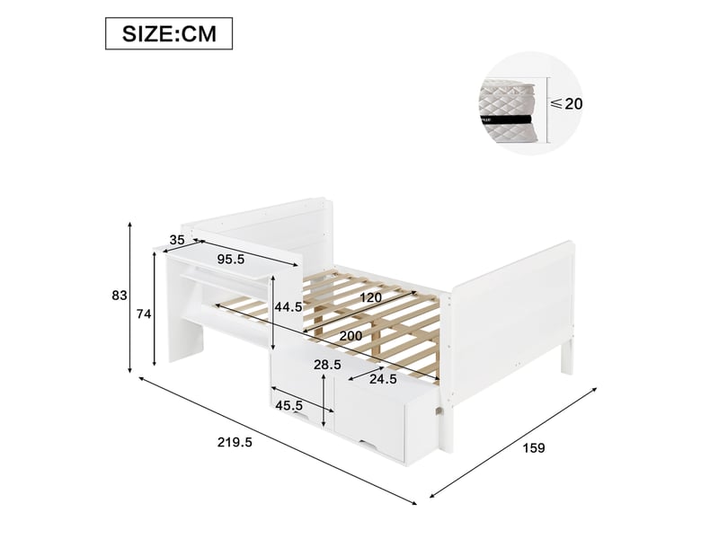  Lit fonctionnel 120 x 200 cm blanc en bois, bureau intégré, rangement latéral et étagère en pied  - Conforama C