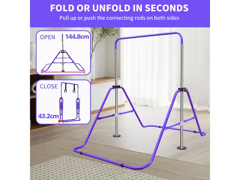  Barre de gymnastique pliable réglable enfant violette, 5 hauteurs et anneaux, pour entraînement à domicile  - Conforama C