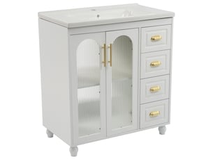 Meuble sous vasque avec 3 portes, 3 tiroirs et vasque en céramique, blanc, pour salle de bain, longueur 80 cm