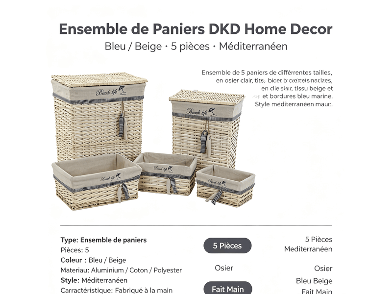  Ensemble de paniers dkd home decor bleu beige méditerranée 5 pièces S3042965 - Conforama E