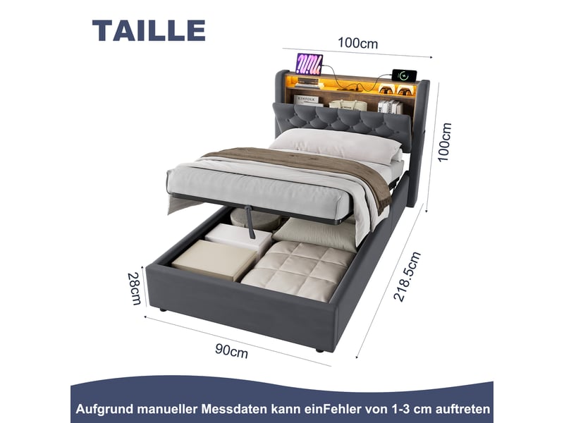  Lit coffre simple 90x200 cm avec led et usb-c, en velours gris  - Conforama C