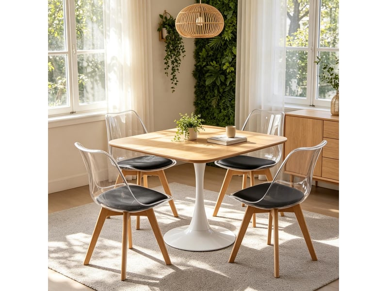  Lot de 4 chaises de salle à manger avec coussin en similicuir noir et pieds en bois  - Conforama D