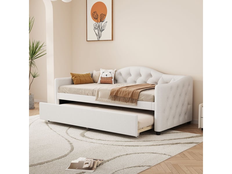 Canapé-lit 90 x 200 cm lit extensible banquette de jour lin style minimaliste beige  - Conforama A