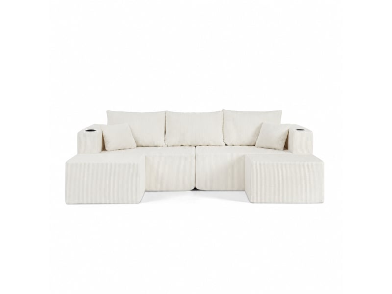  Canapé d’angle modulable 3 places avec deux poufs mobiles, en velours côtelé beige  - Conforama A