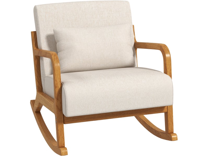  Rocking-chair rembourré avec fonction bascule, coussin lombaire amovible et accoudoirs, en bois crème  - Conforama A