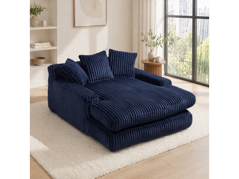  Méridienne au sol avec 3 coussins et dossier ergonomique en velours côtelé bleu marine, 125×155×63 cm  - Conforama B