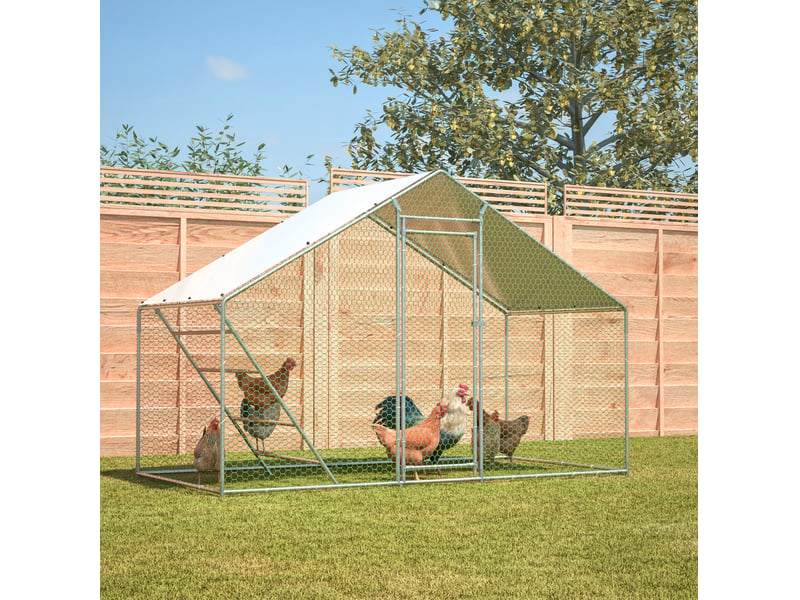  Enclos à volailles 303x157x200 cm – gris – toit pe, porte verrouillable, échelle et grillage sécurisé  - Conforama B
