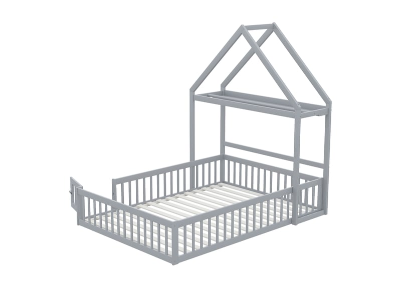  Lit enfant 140x200 cm avec toit modulable, garde-corps, tringle et sommier, bois de pin, gris, sans matelas  - Conforama E