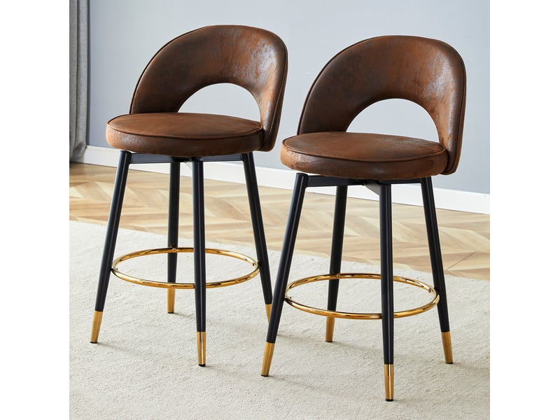  Tabouret de bar pivotant 360° avec dossier ajouré et assise ergonomique, en tissu brun et métal noir  - Conforama B