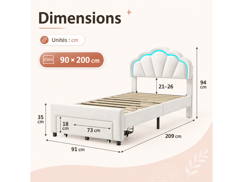  Lit simple capitonné 90x200 cm avec led et tiroirs - lit enfant avec tête de lit réglable en hauteur - sommier à lattes - lit enfant 90x200 cm - lit simple fille avec éclairage led rgb et tiroir - tête de lit réglable - sommier …  - Conforama R