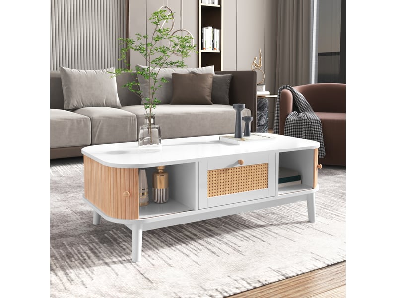  Table basse avec 2 tiroirs et portes coulissantes, rangement, style naturel, pour salon, 110 × 55 × 38,5 cm  - Conforama C