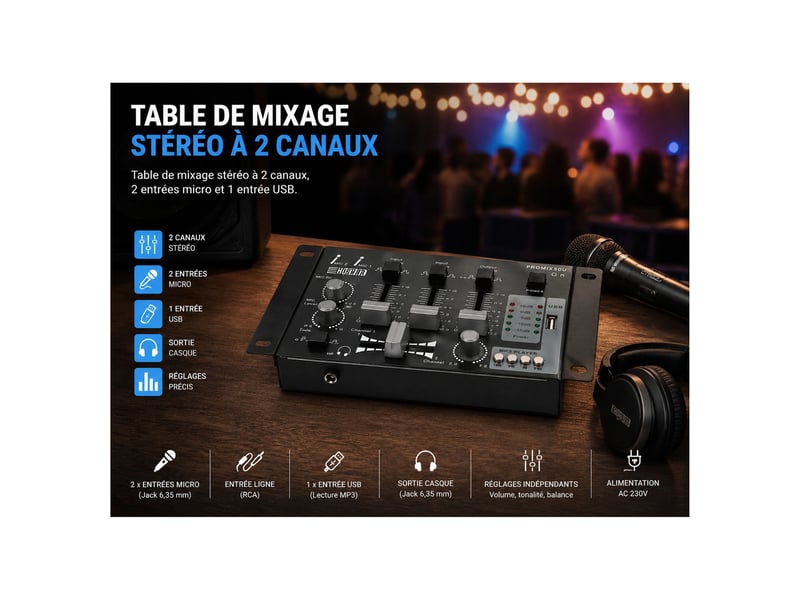  Hq power promix50u table de mixage mp3 stéréo 2 canaux, 2 entrées micro et 1 entrée usb, sono dj, casque et microphone  - Conforama E