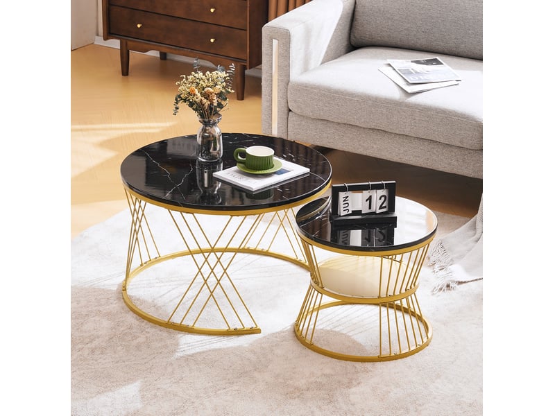  Tables basses gigognes rondes 70x45+45x40 cm, gain de place, table de salon, pour canapé et chambre, métal et mdf, noir  - Conforama D