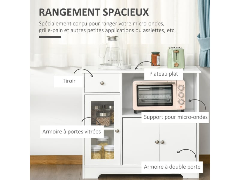  Meuble micro-ondes, buffet cuisine, armoire de rangement, pour cuisine, blanc, salle à manger 90 x 40 x 82 cm verre trempé et bois  - Conforama D