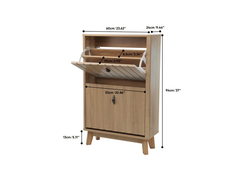  Meuble à chaussures 60x24x94 cm, capacité 16 paires, structure compacte avec portes doubles et tiroir caché, idéal pour petits espaces d'entrée et couloir  - Conforama C