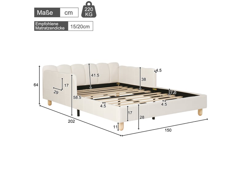  Lit capitonné, lit enfant 140 x 190 cm, avec tête de lit capitonnée et barrière de sécurité, pieds en bois massif, velours, beige.  - Conforama E